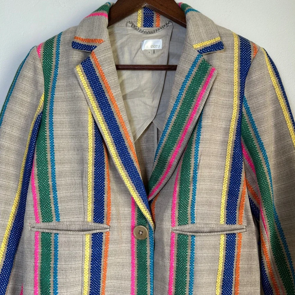 EUC‎ ecru Blazer Striped Fringe Hem Size S Tan Multicolor Boho Festival